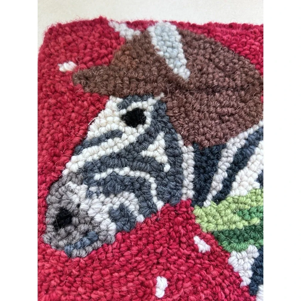 Grandin Road Hooked Wool Throw Pillow Cover Lot Christmas Elephant & Zebra 14x18